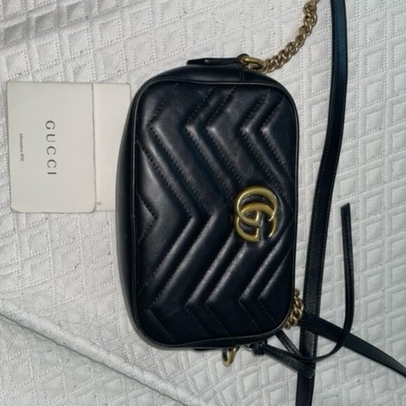 USED Gucci GG Marmont Mini Shoulder Leather Bag Black Gold Tone - Picture 2 of 4